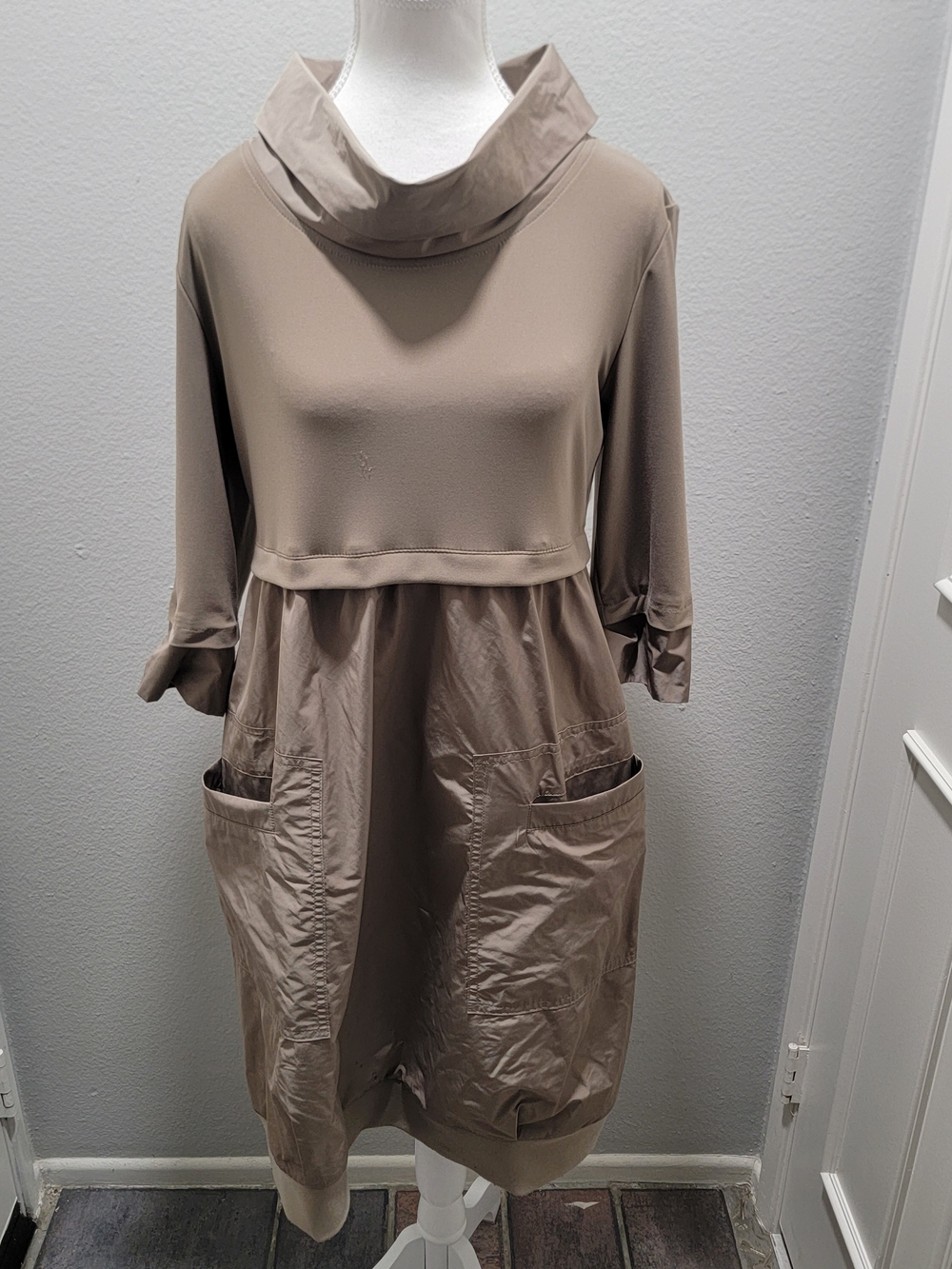 Joseph Ribkoff Taupe Midi Dress with Cowl Neck and Pockets